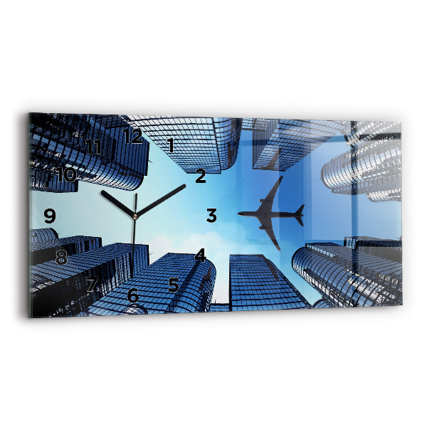 Glass wall clock rectangular Airplane over buildings