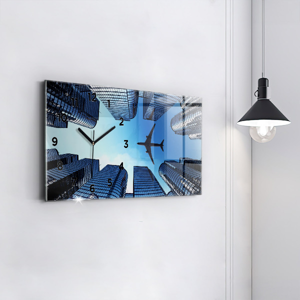 Glass wall clock rectangular Airplane over buildings