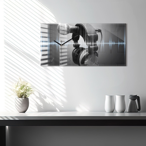 Glass wall clock rectangular Microphone and Headphones