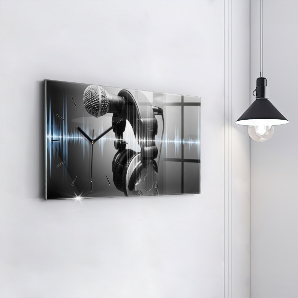 Glass wall clock rectangular Microphone and Headphones
