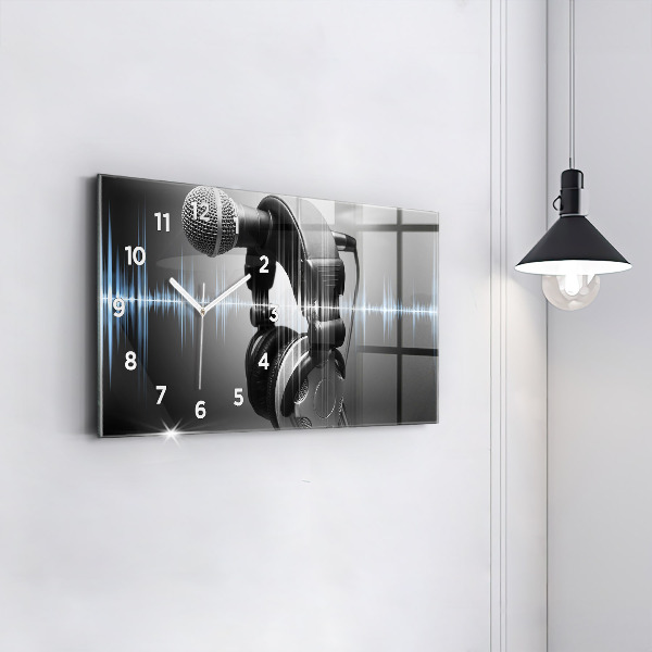 Glass wall clock rectangular Microphone and Headphones