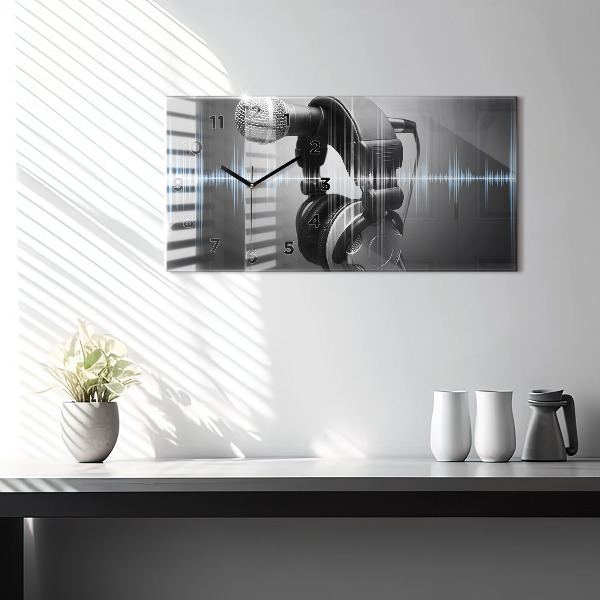 Glass wall clock rectangular Microphone and Headphones
