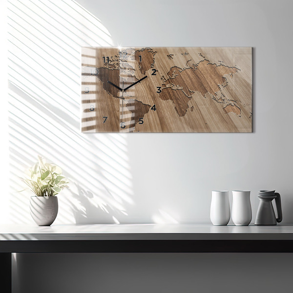 Glass wall clock rectangular World map on wood