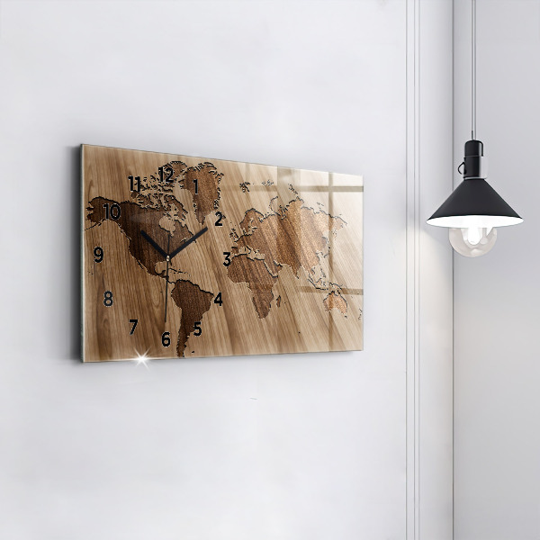 Glass wall clock rectangular World map on wood