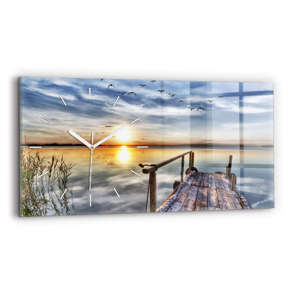 Glass wall clock rectangular Lake Sunset