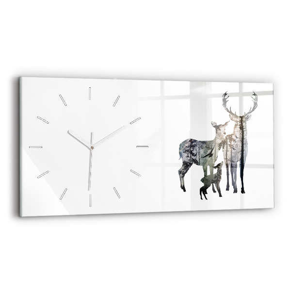 Glass wall clock rectangular Deer family