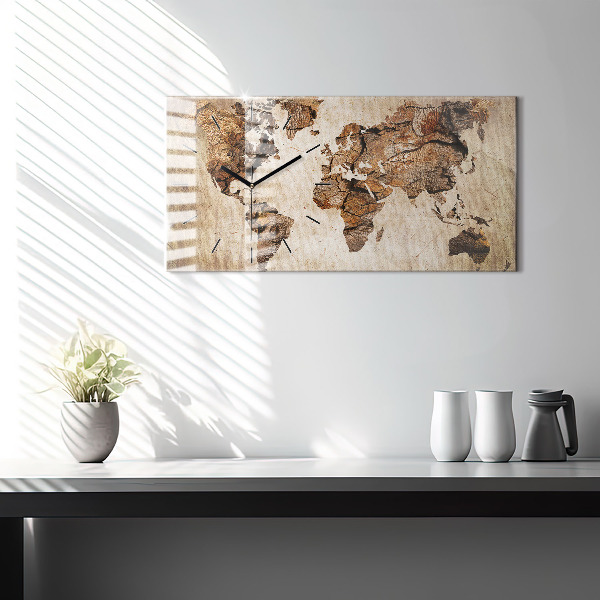 Glass wall clock rectangular Vintage world map