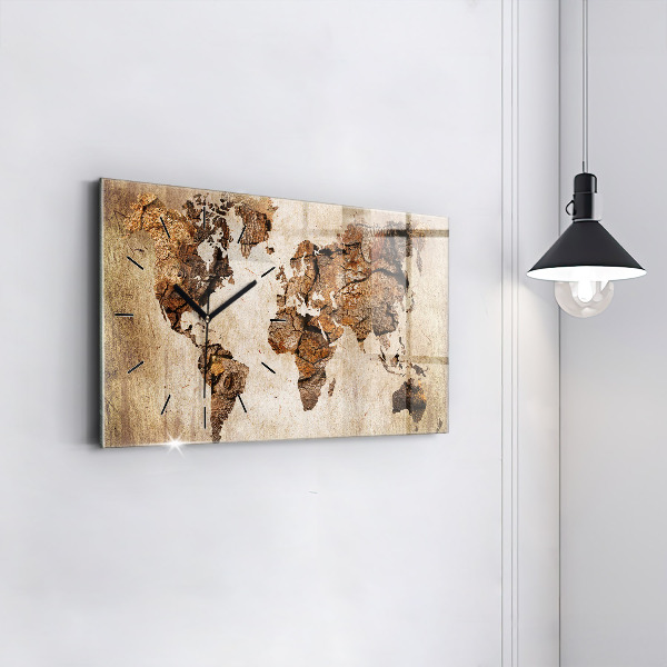Glass wall clock rectangular Vintage world map