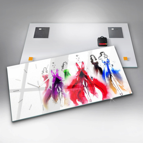 Glass wall clock rectangular Women in colorful dresses