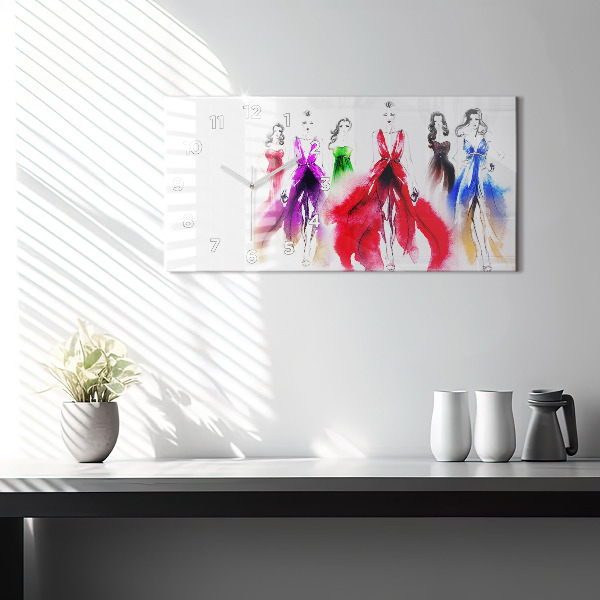 Glass wall clock rectangular Women in colorful dresses