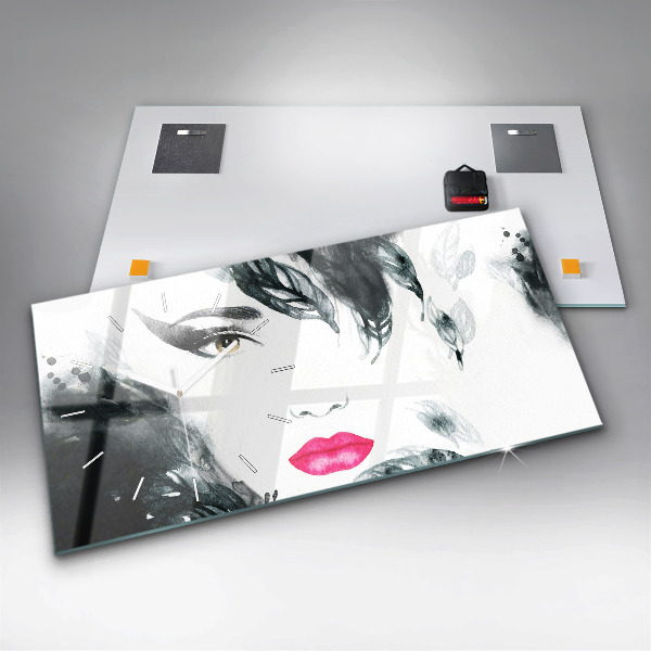 Glass wall clock rectangular Portrait of a woman red lips