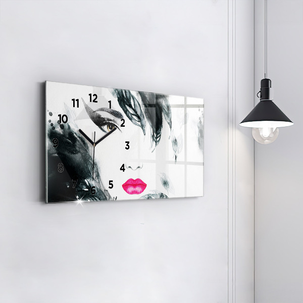 Glass wall clock rectangular Portrait of a woman red lips