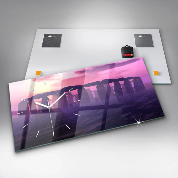 Glass wall clock rectangular Sunset at Stonehenge