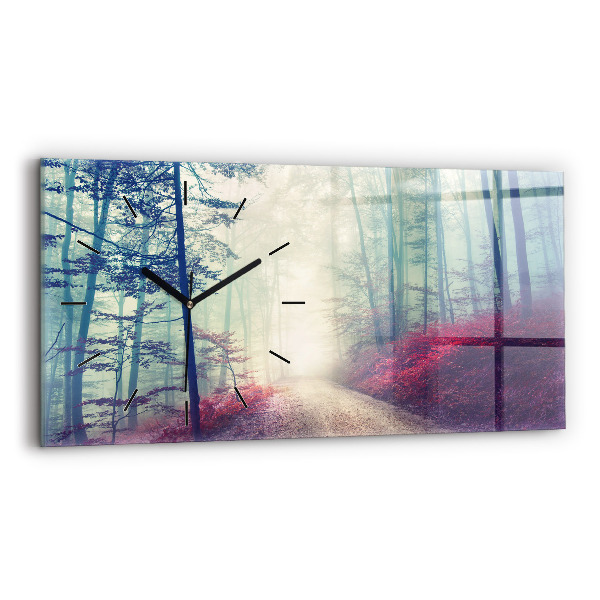 Glass wall clock rectangular Autumn road Forest Fog