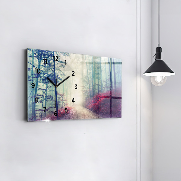 Glass wall clock rectangular Autumn road Forest Fog