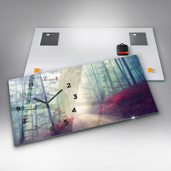 Glass wall clock rectangular Autumn road Forest Fog