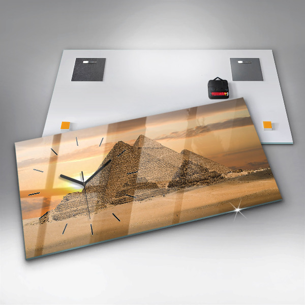 Glass wall clock rectangular Pyramids and sunset