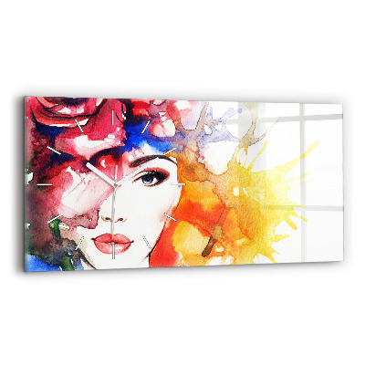 Glass wall clock rectangular colorful portrait of a woman