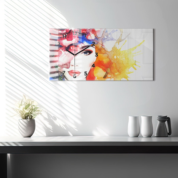 Glass wall clock rectangular colorful portrait of a woman