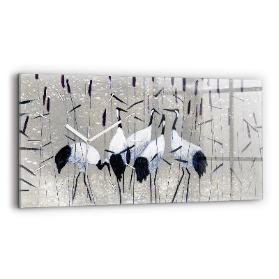 Glass wall clock rectangular Cranes in the reeds