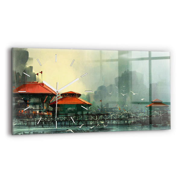 Glass wall clock rectangular Fishing village