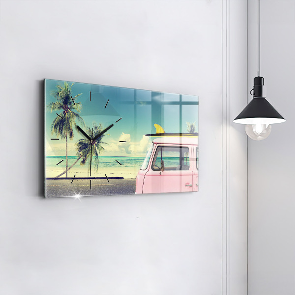Glass wall clock rectangular Car with surfboard