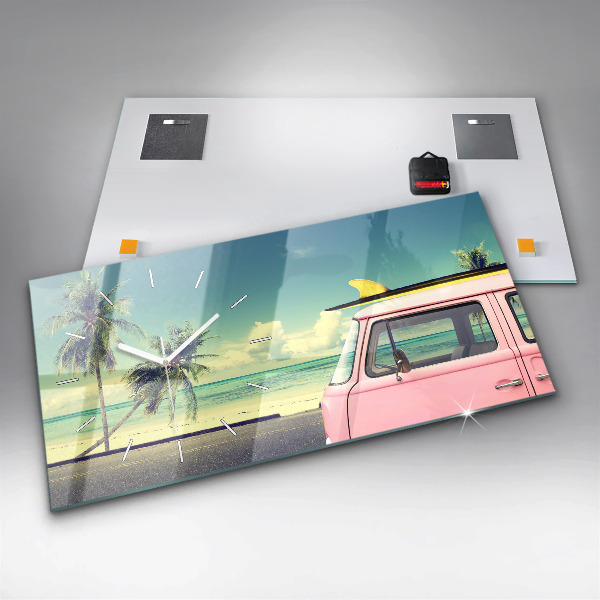 Glass wall clock rectangular Car with surfboard