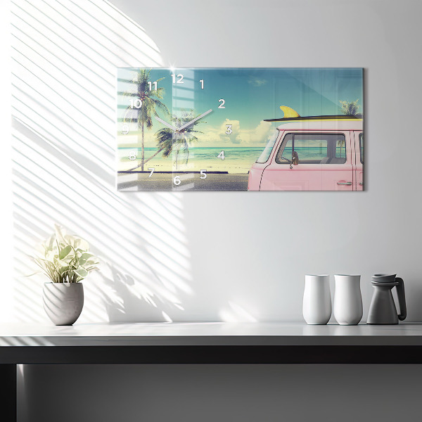 Glass wall clock rectangular Car with surfboard