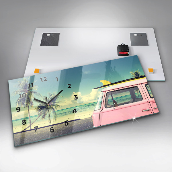 Glass wall clock rectangular Car with surfboard