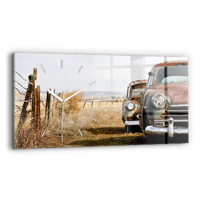 Glass wall clock rectangular Old cars