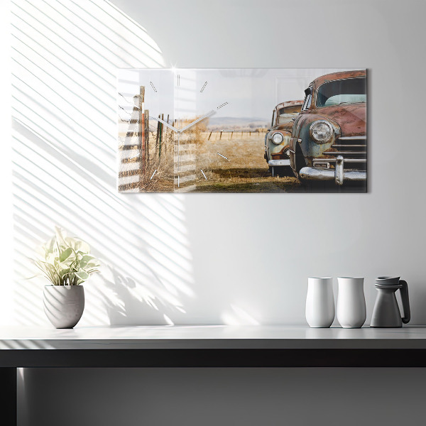 Glass wall clock rectangular Old cars