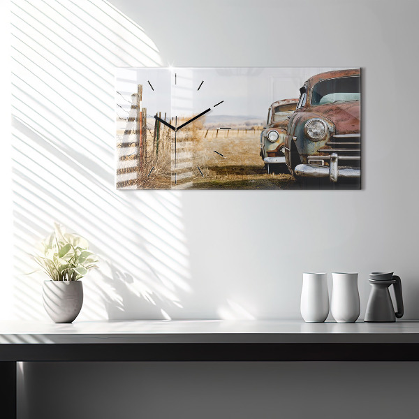 Glass wall clock rectangular Old cars
