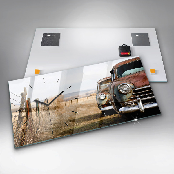Glass wall clock rectangular Old cars