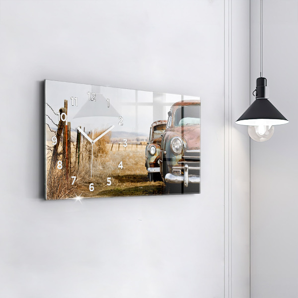 Glass wall clock rectangular Old cars