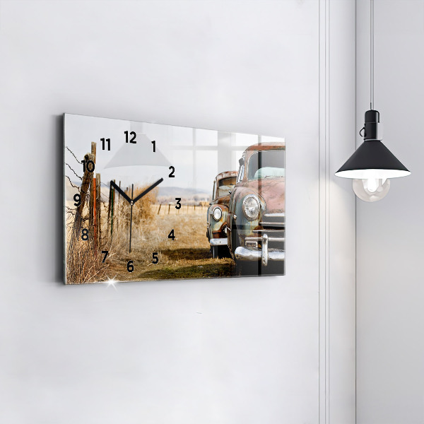 Glass wall clock rectangular Old cars