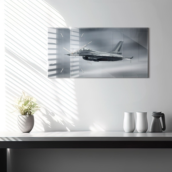Glass wall clock rectangular Military aircraft in flight