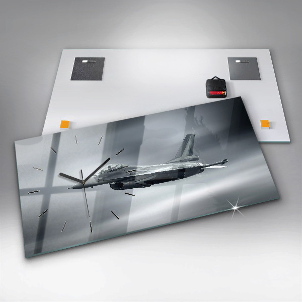 Glass wall clock rectangular Military aircraft in flight