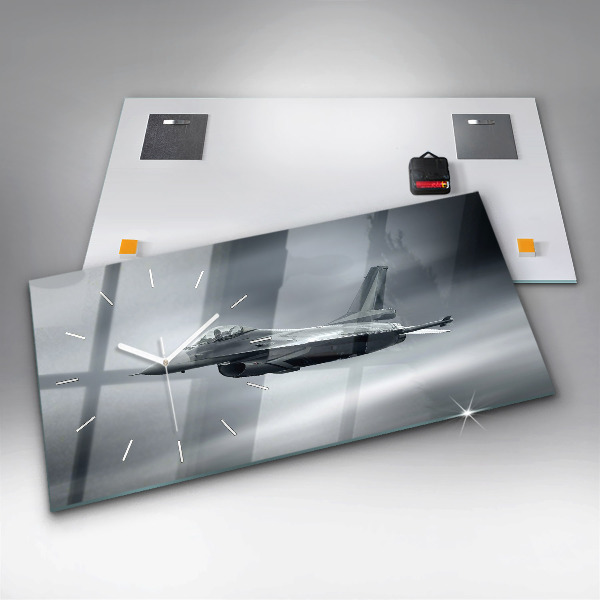Glass wall clock rectangular Military aircraft in flight