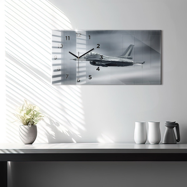 Glass wall clock rectangular Military aircraft in flight