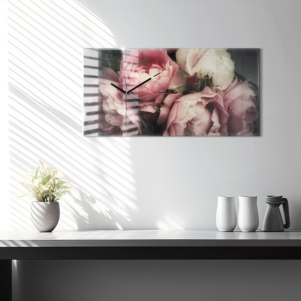 Glass wall clock rectangular Bouquet of pink roses