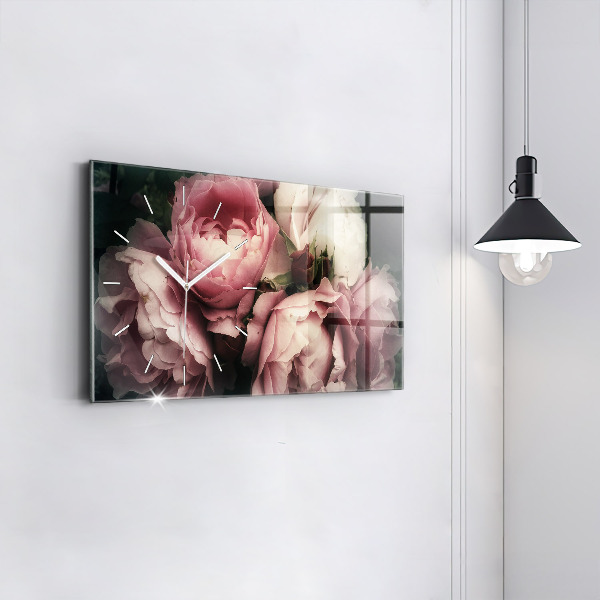 Glass wall clock rectangular Bouquet of pink roses