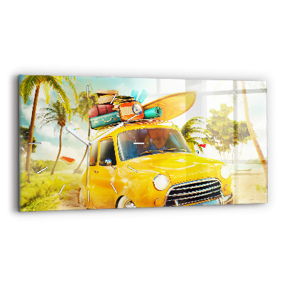 Glass wall clock rectangular Car with surfboard
