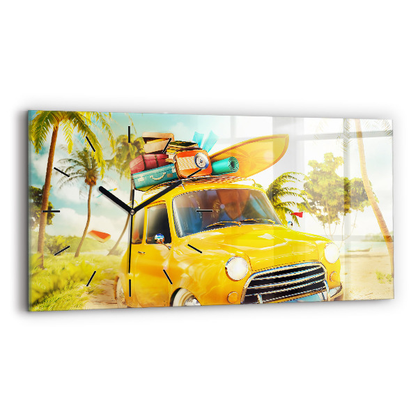 Glass wall clock rectangular Car with surfboard
