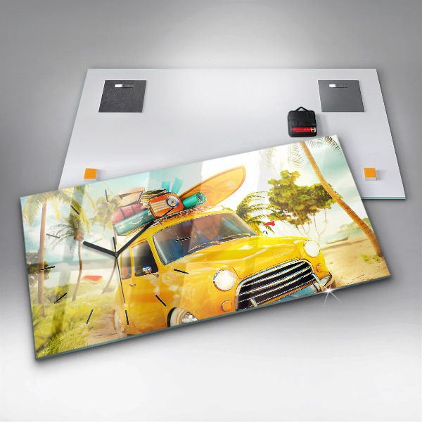 Glass wall clock rectangular Car with surfboard