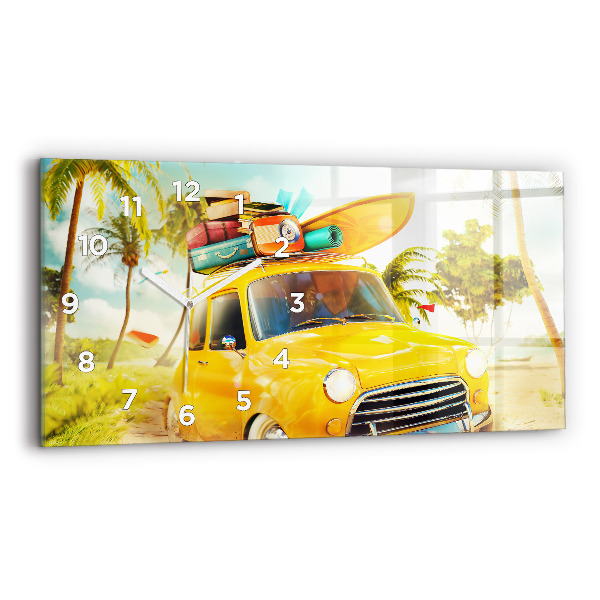 Glass wall clock rectangular Car with surfboard