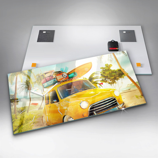 Glass wall clock rectangular Car with surfboard
