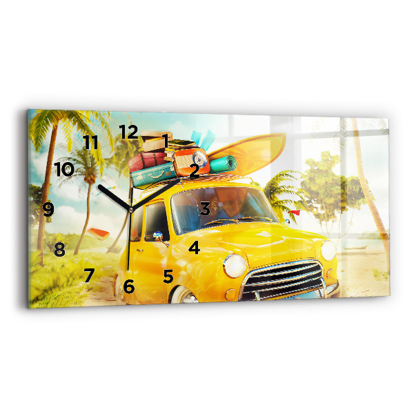 Glass wall clock rectangular Car with surfboard