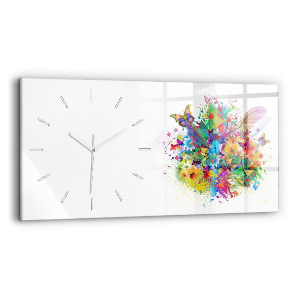 Glass wall clock rectangular Floral harmony with butterflies