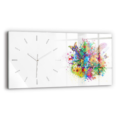 Glass wall clock rectangular Floral harmony with butterflies