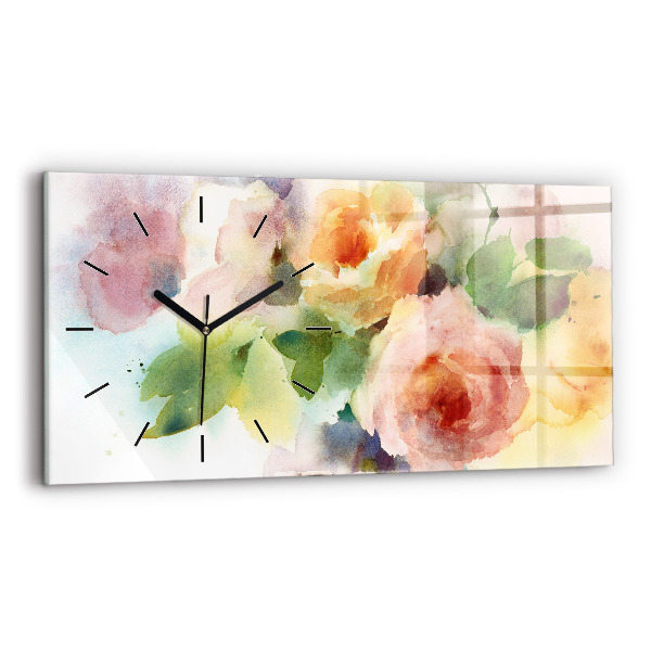 Glass wall clock rectangular Roses In A Vase Watercolor